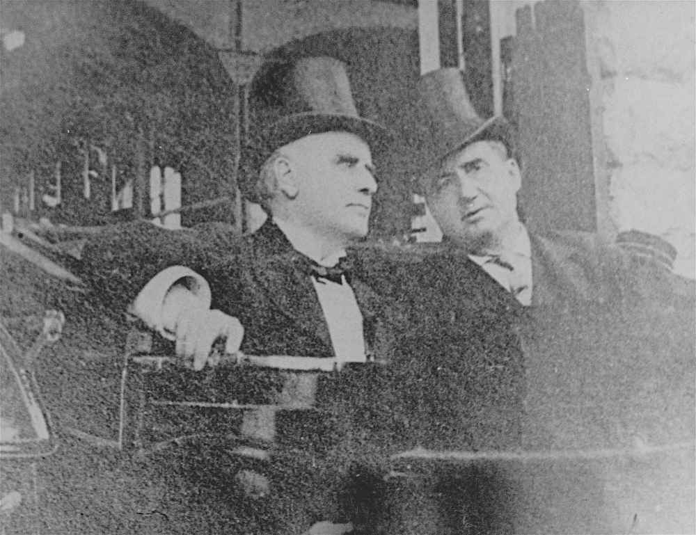 President William McKinley sits with with John G. Milburn, right, President of the Pan American Exposition in Niagara Falls, NY on Sept. 6, 1901. McKinley was shot later that day at a reception in Buffalo, NY. (AP Photo)