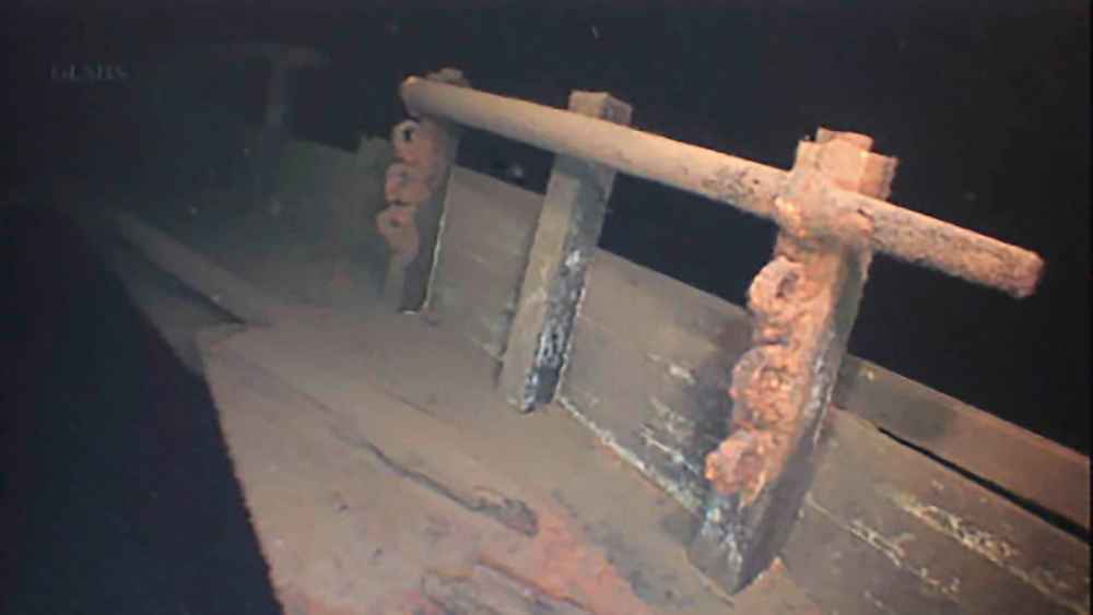 A deck rack on the bow of the Western Reserve cargo ship beneath Lake Superior. (Great Lakes Shipwreck Historical Society via AP)