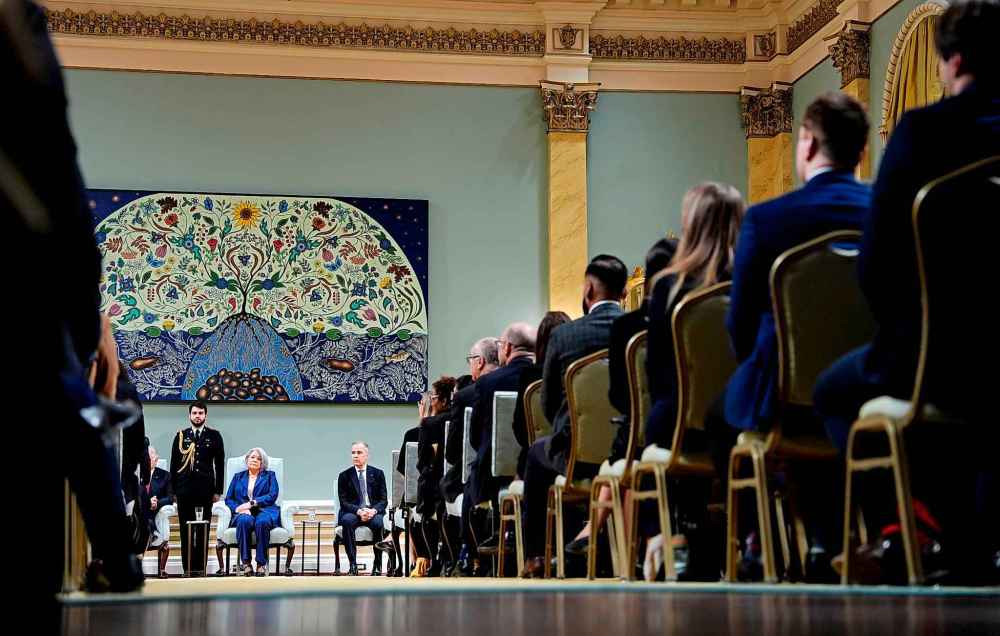 Prime Minister Mark Carney and Gov. Gen. Mary Simon look on during a cabinet swearing in ceremony at Rideau Hall in Ottawa, on Friday, March 14, 2025. THE CANADIAN PRESS/Justin Tang