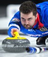 Manitoba-Dunstone skip Matt Dunstone delivers a rock while playing Alberta-Jacobs during the final at the Brier, in Kelowna, B.C., on Sunday, March 9, 2025. THE CANADIAN PRESS/Darryl Dyck