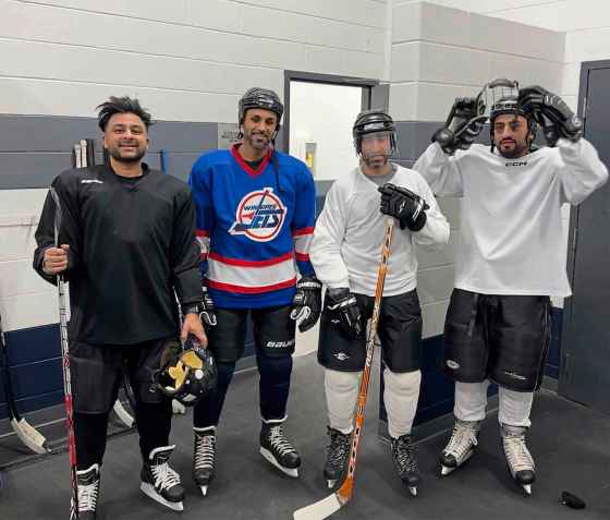 Sohan Jammu (from left), Rimmi Dhaliwal, Sukhbinder Singh and Sumit Sharda found a love of hockey after playing in an organized setting for the first time this winter. (Supplied)
