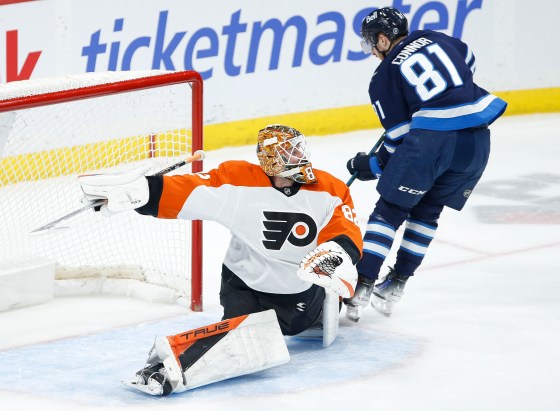 Philadelphia Flyers goaltender Ivan Fedotov (82) saves the breakaway from Winnipeg Jets' Kyle Connor (81) during the March 1 game. The teams are set for their second and final matchup of the season tonight. (John Woods / The Canadian Press files)