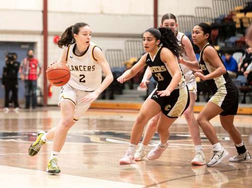 MIKAELA MACKENZIE / FREE PRESS
	

The Dakota Lancers guard Taylor Schepp (2) runs the ball down the court in a game against the Garden City Gophers at IG Athletic Centre in the MHSAA provincial women's basketball semi-finals on Wednesday, March 19, 2025. 


For Josh story.
Winnipeg Free Press 2025