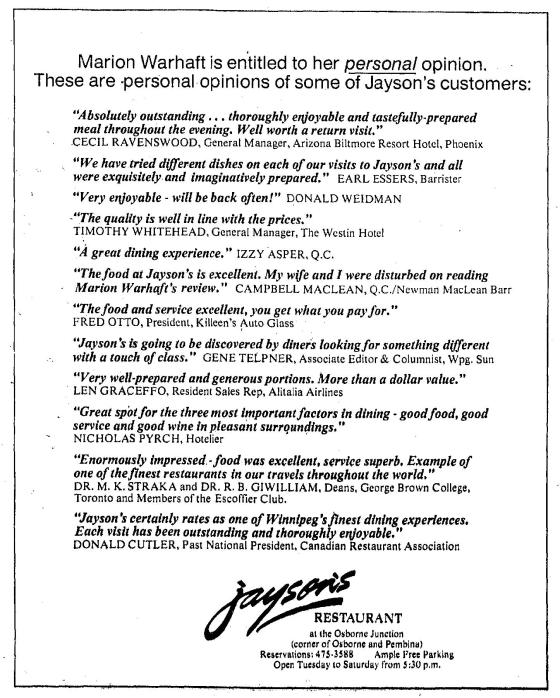 An advertisement published on Oct. 9, 1981 in response to Marion Warhaft's review. (Free Press archives)