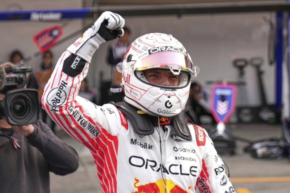 Red Bull driver Max Verstappen of the Netherlands celebrates after the qualifying session for the Japanese Formula One Grand Prix at the Suzuka Circuit in Suzuka, central Japan, Saturday, April 5, 2025. (AP Photo/Shuji Kajiyama)