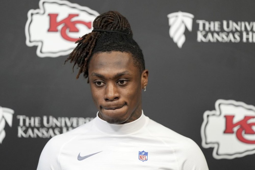 FILE - Kansas City Chiefs wide receiver Xavier Worthy addresses the media before NFL football practice, Thursday, Jan. 30, 2025, in Kansas City, Mo. (AP Photo/Charlie Riedel, File)