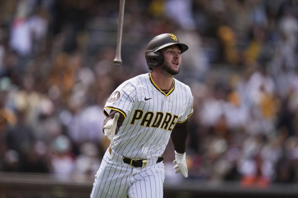 San Diego Padres' Jackson Merrill watches his two-run home run during the fourth inning of a baseball game against the Cleveland Guardians 307Wednesday, April 2, 2025, in San Diego. (AP Photo/Gregory Bull)
