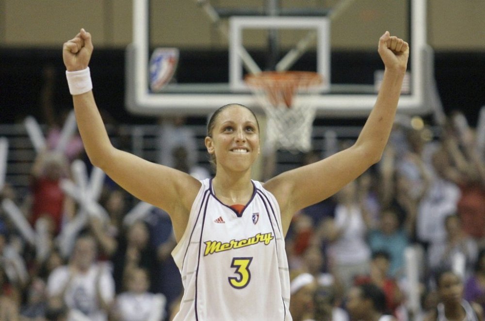 FILE - Phoenix Mercury guard Diana Taurasi celebrates a field goal late in the fourth quarter against the San Antonio Silver Stars during Game 2 of the WNBA Western Conference basketball finals Saturday, Sept. 1, 2007, in Phoenix. (AP Photo/Paul Connors, File)