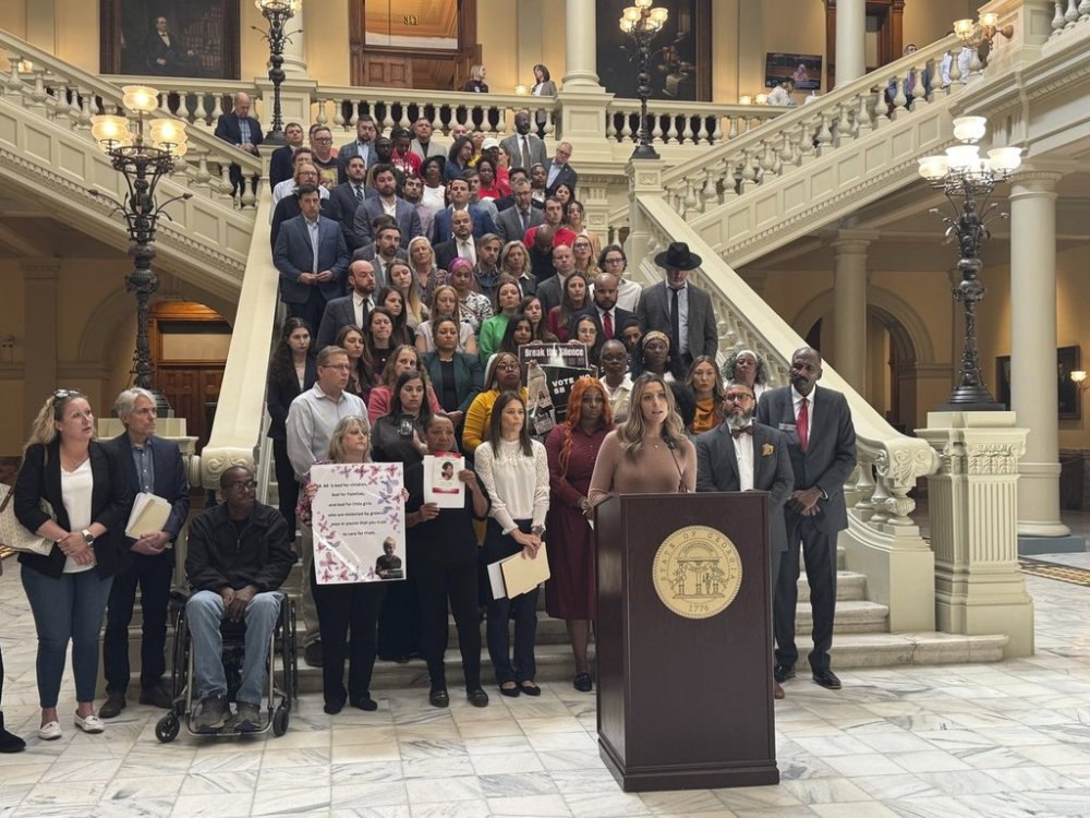 Michal Roseberry, a victim of human trafficking,speaks against Georgia Gov. Brian Kemp's proposal to limit lawsuits on Thursday, March 13, 2025 at the Georgia Capitol in Atlanta, Ga. (AP Photo/Charlotte Kramon)