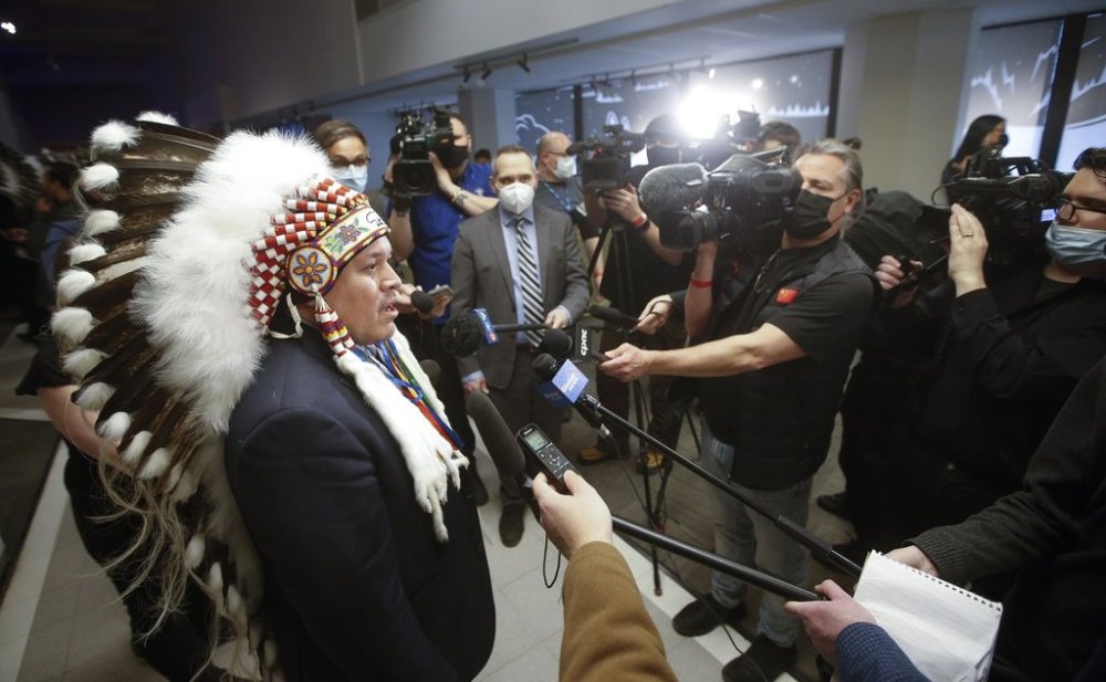 Southern Chiefs' Organization Grand Chief Jerry Daniels talks with media after a Hudson’s Bay Company transfer ceremony in Winnipeg on April 22, 2022. THE CANADIAN PRESS/John Woods