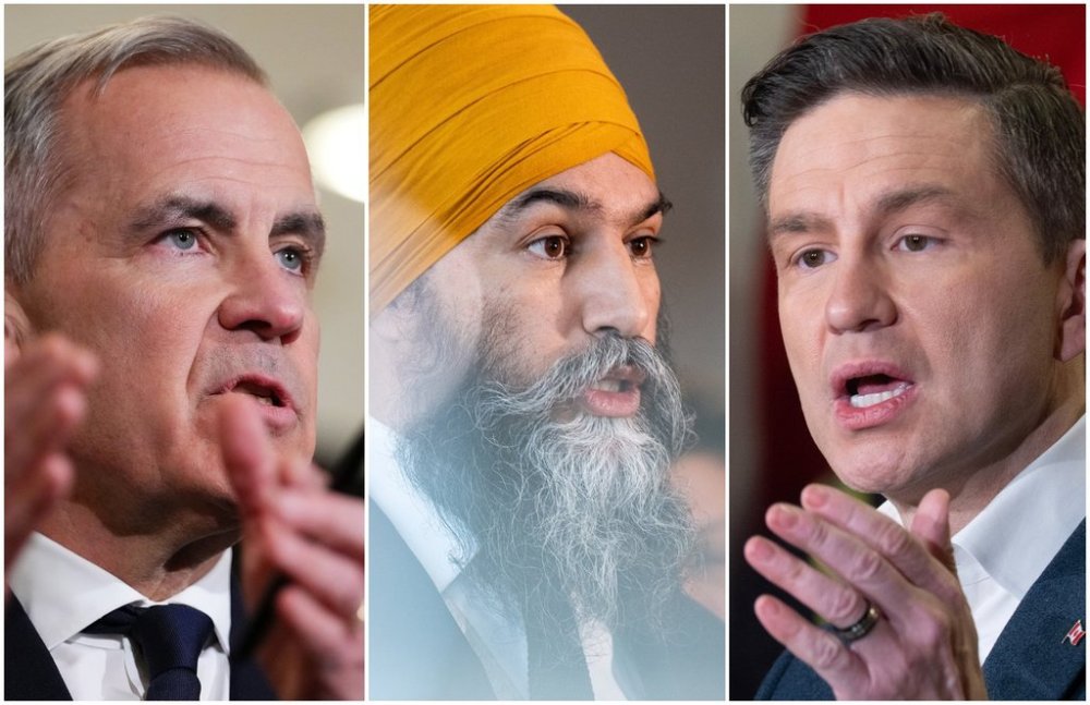 A composite image made from three file photographs show, from left to right, Liberal Leader Mark Carney in London, Monday, March 17, 2025; NDP Leader Jagmeet Singh in Montreal on Thursday, Feb. 6, 2025; and Conservative Leader Pierre Poilievre in L'Orignal, Ont., Monday, March 17, 2025. THE CANADIAN PRESS/Sean Kilpatrick, Christinne Muschi, Adrian Wyld