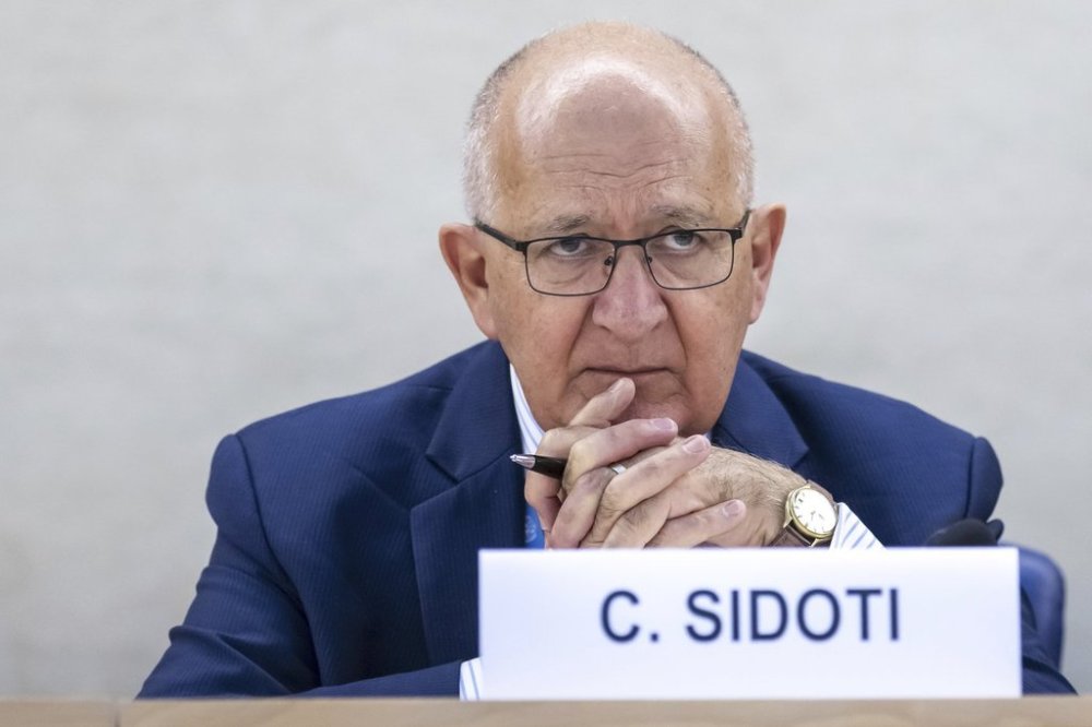 FILE - Member of the Commission, Chris Sidoti, looks on during the 56th session of the Human Rights Council, at the European headquarters of the United Nations in Geneva, Switzerland, Wednesday, June 19, 2024. (Martial Trezzini/Keystone via AP, File)