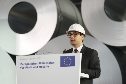EU Commissioner for Prosperity and Industrial Strategy Stephane Sejourne talks to the media during a visit of the Thyssenkrupp steelworks in Duisburg, Germany, after the EU Steel Action plan was presented, Thursday, March 20, 2025. (AP Photo/Martin Meissner)