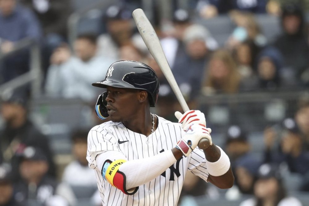 New York Yankees' Jazz Chisholm Jr. prepares to bat during the first inning of a baseball game against the Milwaukee Brewers, Sunday, March 30, 2025, in New York. (AP Photo/Pamela Smith)