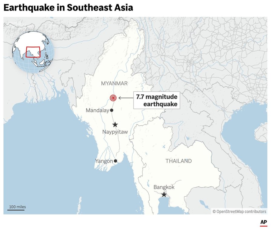 The map above shows the epicenter of a 7.7 magnitude earthquake in Myanmar. (AP Graphic)