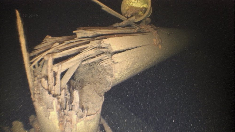 This image provided by Great Lakes Shipwreck Historical Society shows the broken mast from The Western Reserve, a merchant ship that sank off Michigan’s Upper Peninsula. (Great Lakes Shipwreck Historical Society via AP)