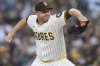 San Diego Padres starting pitcher Michael King works against a Cleveland Guardians batter during the first inning of a baseball game Tuesday, April 1, 2025, in San Diego. (AP Photo/Gregory Bull)