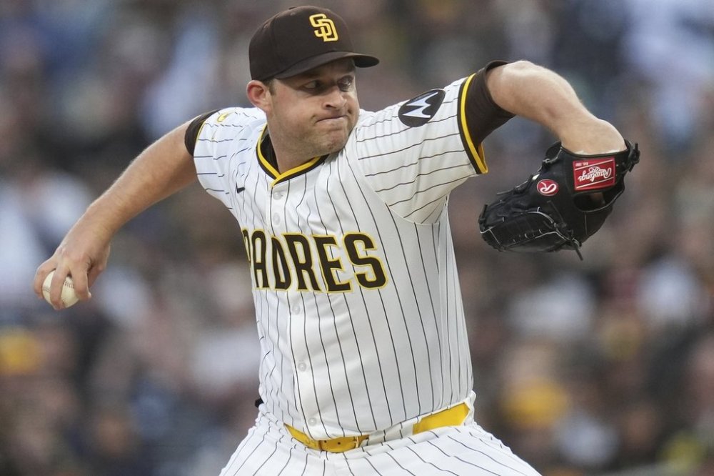 San Diego Padres starting pitcher Michael King works against a Cleveland Guardians batter during the first inning of a baseball game Tuesday, April 1, 2025, in San Diego. (AP Photo/Gregory Bull)