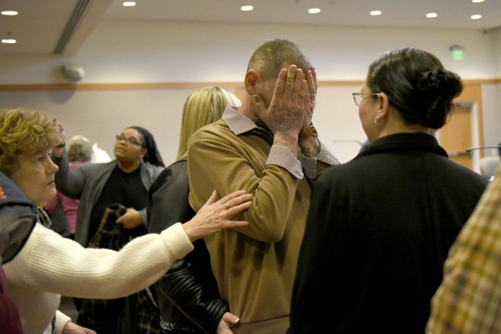 FILE - YDC victim Michael Gilpatrick, center, reacts after Bradley Asbury, 70, got the maximum sentence at Hillsborough County Superior Court in Manchester, N.H., Monday, Jan. 27, 2025. (David Lane/Union Leader via AP, Pool, File)