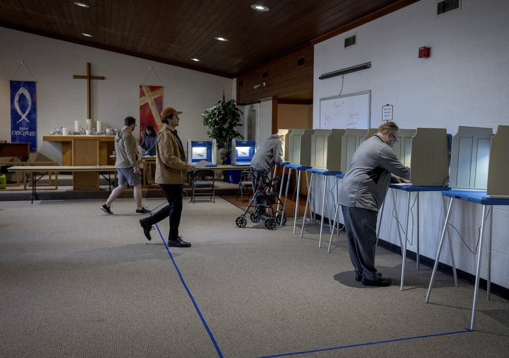 Voters cast their ballots at Advent Lutheran Church in Roseville, Minn., Tuesday, March 11, 2025. (Elizabeth Flores/Star Tribune via AP)