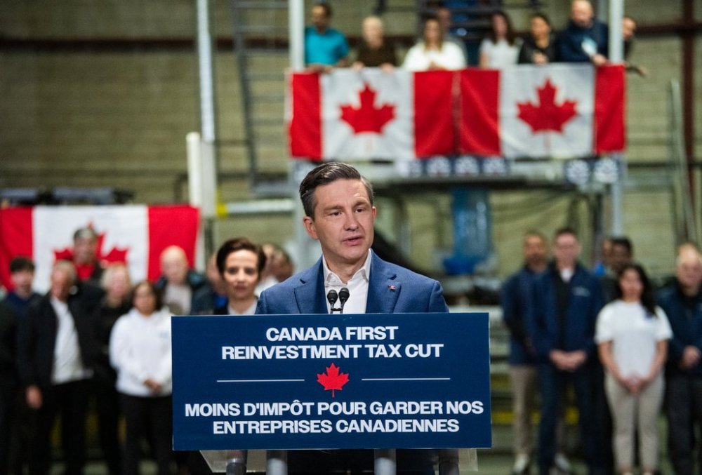 Conservative Leader Pierre Poilievre holds a press conference at Petro Plastics Corporation Ltd. in Toronto on Sunday, March 30, 2025. THE CANADIAN PRESS/Laura Proctor