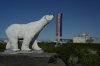 A polar bear statue stands near a road, Saturday, Aug. 3, 2024, in Churchill, Man. (AP Photo/Joshua A. Bickel)