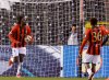 FILE - Nice's Evann Guessand, left, runs holding the ball after scoring during the Europa League opening phase soccer match against Union St. Gilloise at the King Baudouin Stadium in Brussels, Dec 12, 2024. (AP Photo/Geert Vanden Wijngaert, file)