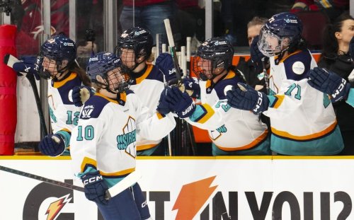 New York Sirens' Sarah Fillier (10) celebrates her goal with the bench while taking on the Ottawa Charge during third period PWHL hockey action in Ottawa on Tuesday, March 25, 2025. THE CANADIAN PRESS/Sean Kilpatrick