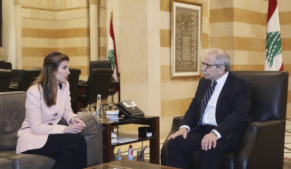 In this photo released by Lebanon's official government photographer Dalati Nohra, Lebanese Prime Minister Nawaf Salam, right, meets with U.S. deputy special envoy for Middle East peace Morgan Ortagus at the government palace in Beirut, Lebanon, Saturday, April 5, 2025. (Dalati Nohra/Government of Lebanon via AP)