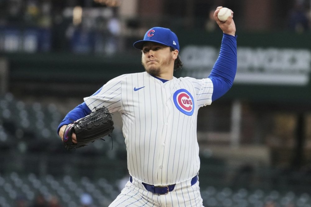 Chicago Cubs starting pitcher Justin Steele throws against the Texas Rangers during the first inning of a baseball game in Chicago, Monday, April 7, 2025. (AP Photo/Nam Y. Huh)