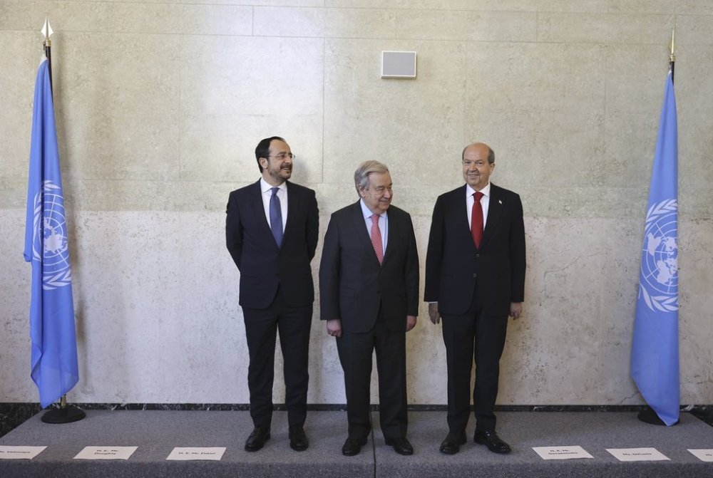 From left, Cyprus President Nikos Christodoulides, UN Secretary-General Antonio Guterres and Turkish Cypriot leader Ersin Tatar pose for a photo, ahead of a meeting to discuss the future of stalled peace talks over the divided island of Cyprus at the United Nations in Geneva, Switzerland, Tuesday, March 18, 2025. (Pierre Albouy/Keystone via AP)