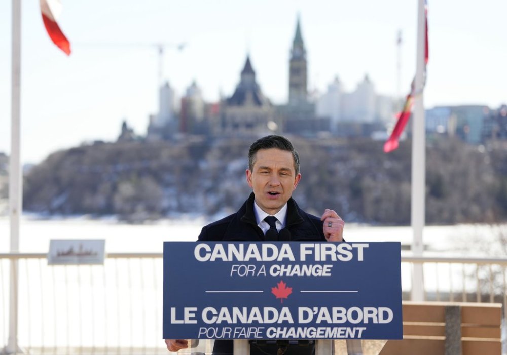 Conservative Leader Pierre Poilievre speaks at a news conference to launch his campaign for the federal election, in Gatineau, Que., on Sunday, March 23, 2025. THE CANADIAN PRESS/Justin Tang