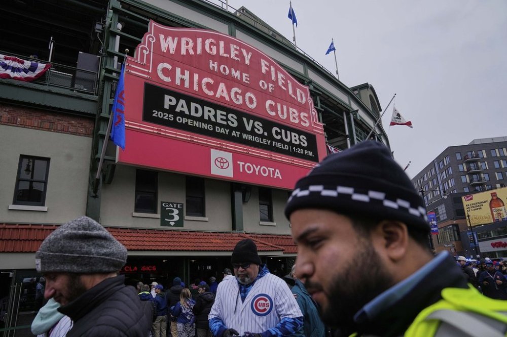 The Wrigley Field marquee is seen before the Chicago Cubs' home-opener baseball game against the San Diego Padres, Friday, April 4, 2025, in Chicago. (AP Photo/Erin Hooley)