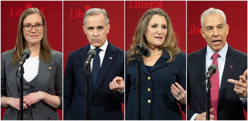 Liberal Party of Canada leadership candidates are shown in a composite image made from four photographs. From left to right, Karina Gould, Mark Carney, Chrystia Freeland and Frank Baylis are seen during press availabilities following the Liberal leadership race's French-language debate in Montreal on Monday, Feb. 24, 2025. THE CANADIAN PRESS/Christinne Muschi
