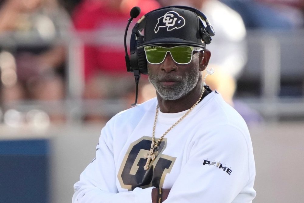FILE - Colorado head coach Deion Sanders watches during the first half during an NCAA college football game against Arizona, Saturday, Oct. 19, 2024, in Tucson, Ariz. (AP Photo/Rick Scuteri, File)
