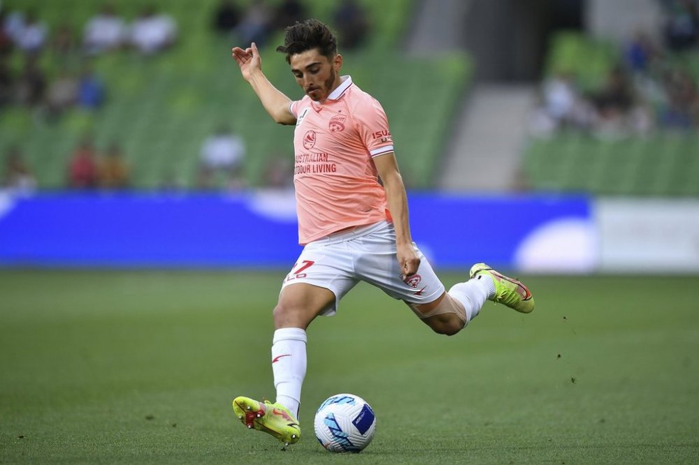 Josh Cavallo of Adelaide United plays during their A-League against Western United in Melbourne, Australia, Dec. 17, 2021. (Joel Carrett/AAP Image via AP)