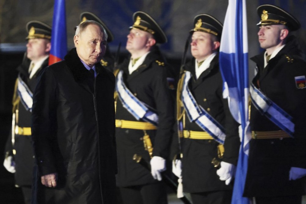 Russian President Vladimir Putin visits the Atomflot, a service base for nuclear-powered fleet, in Murmansk, Russia, Thursday, March 27, 2025. (Sergei Karpukhin, Sputnik, Kremlin Pool Photo via AP)