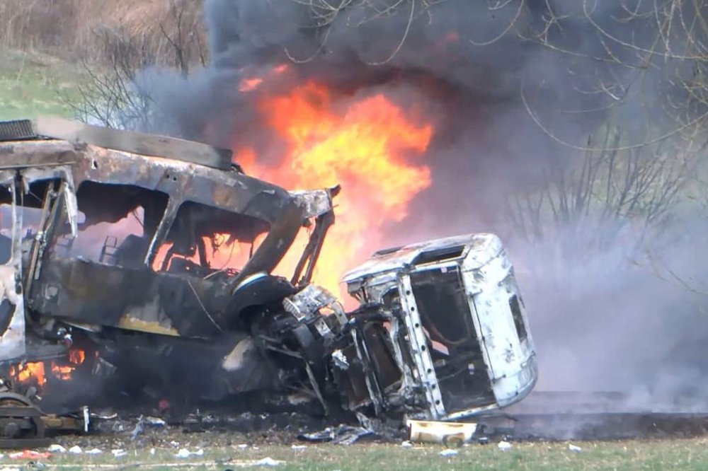 In this picture, taken from video, flames blaze after a collision of a tanker truck with a tram in Ubstadt-Weiher, Germany, Tuesdsay, March 11, 2025. (Rene Priebe/dpa via AP)