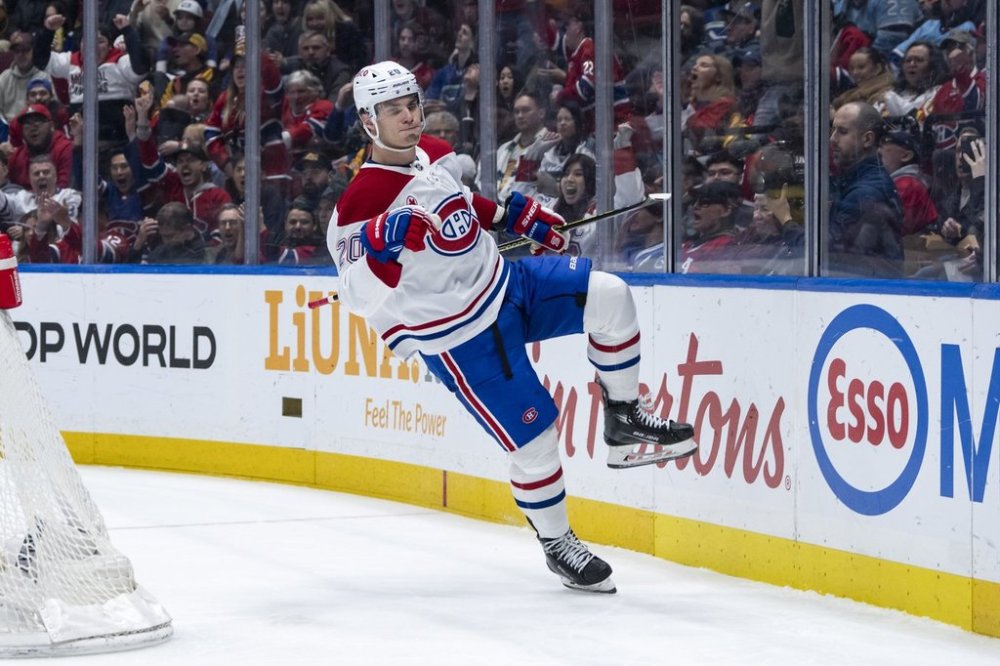 Montreal Canadiens' Juraj Slafkovsky (20) celebrates his goal against the Vancouver Canucks during the first period of an NHL hockey game in Vancouver, B.C., on Tuesday, March 11, 2025. THE CANADIAN PRESS/Ethan Cairns