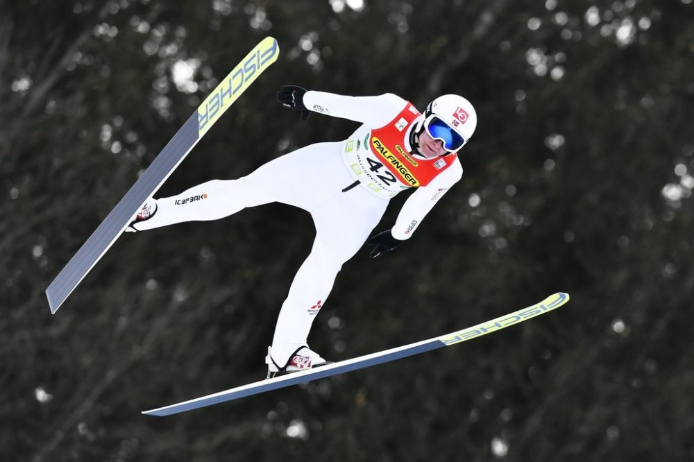 FILE - Robin Pedersen from Norway soars through the air during the Ski Jumping World Cup in Bad Mitterndorf, Austria, Sunday, Feb. 16, 2020. (AP Photo/Kerstin Joensson, File)
