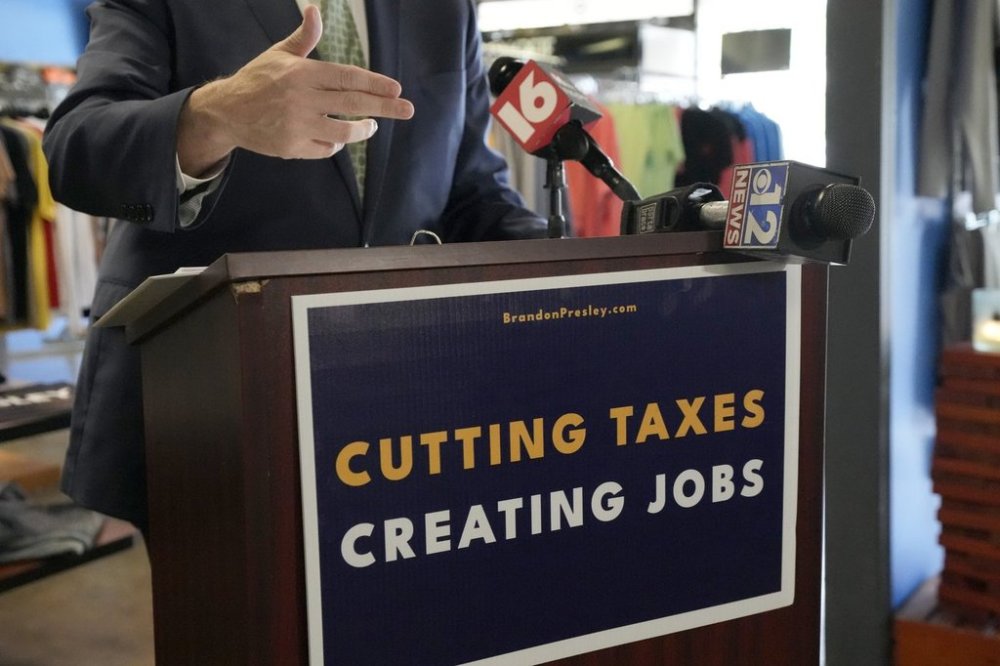 FILE - Northern District Public Service Commissioner Brandon Presley, the Democratic nominee for Mississippi governor, gives a news conference, June 22, 2023, at a locally owned clothing store in Jackson, Miss. (AP Photo/Rogelio V. Solis, File)