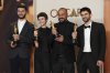Basel Adra, from left, Rachel Szor, Hamdan Ballal, and Yuval Abraham, winners of the award for best documentary feature film for 