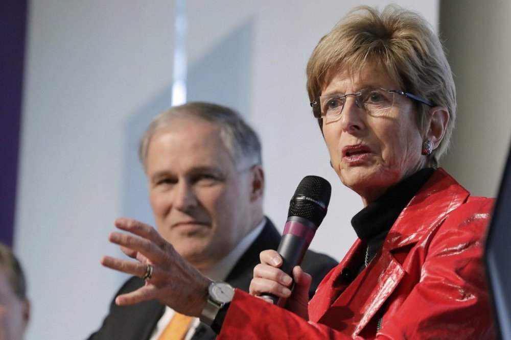 FILE - Christine Todd Whitman, the former Republican Governor of New Jersey, speaks, March 6, 2019, in Seattle. (AP Photo/Ted S. Warren, File)
