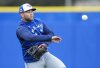 Toronto Blue Jays shortstop Bo Bichette throws the ball to first base in a drill during spring training in Dunedin Fla., on Thursday, February 20, 2025. THE CANADIAN PRESS/Nathan Denette