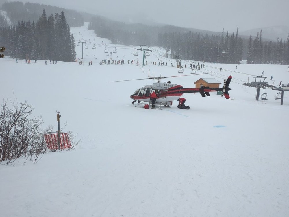 A rescue helicopter is shown at Lake Louise Ski Resort after an avalanche was triggered outside of the resort area in this Friday, March 14, 2025 handout photo. Two skiers are dead after separate avalanches in the Alberta backcountry. THE CANADIAN PRESS/HO, RCMP *MANDATORY CREDIT*