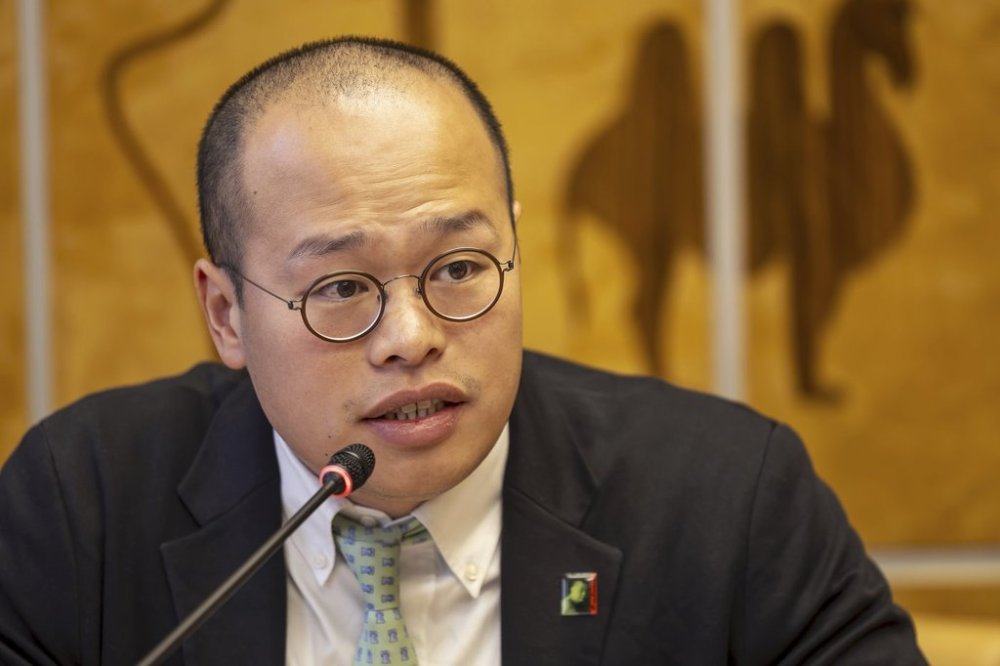 Sebastien Lai, son of imprisoned Hong Kong media publisher Jimmy Lai, speaks, during a preview of the Geneva Summit for Human Rights, at the European headquarters of the United Nations in Geneva, Switzerland, Monday, Feb. 17, 2025. (Salvatore Di Nolfi/Keystone via AP)
