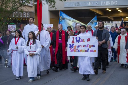 Catholic bishops lead a march in solidarity with migrants, Monday, March 24, 2025, in downtown El Paso, Texas. (AP Photo/Andres Leighton)