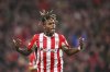 Athletic Bilbao's Nico Williams celebrates after scoring his side's third goal during the Europa League round of 16 second leg soccer match between Athletic Bilbao and AS Roma at the San Mames stadium in Bilbao, Spain, Thursday, March 13, 2025. (AP Photo/Miguel Oses)