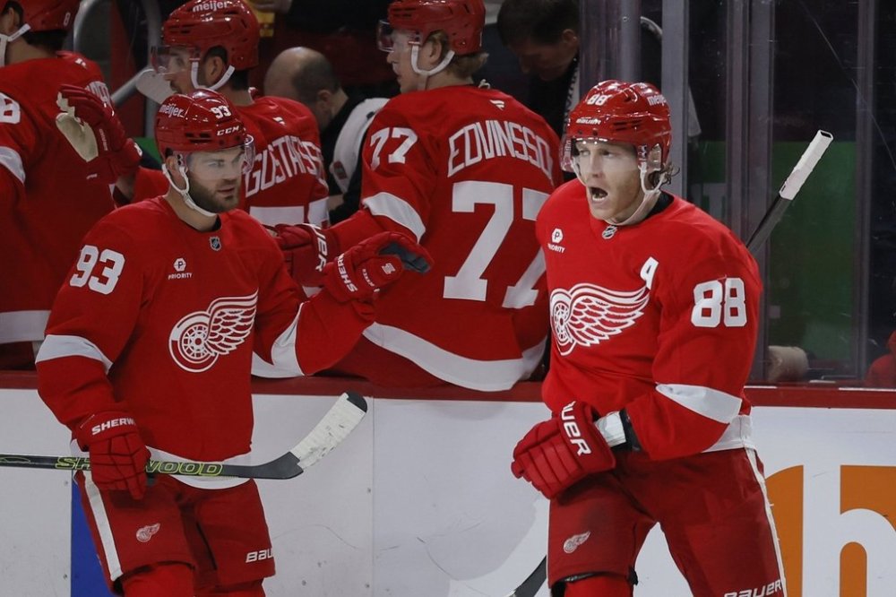 Detroit Red Wings right wing Patrick Kane (88) celebrates after scoring against the Anaheim Ducks as Red Wings right wing Alex DeBrincat (93) looks on during the first period of an NHL hockey game Sunday, Feb. 23, 2025, in Detroit. (AP Photo/Duane Burleson)