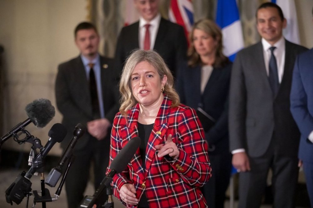 Premier of New Brunswick Susan Holt, accompanied by other premiers, speaks to reporters at the Mayflower Hotel in Washington, Feb. 12, 2025. THE CANADIAN PRESS/AP-Ben Curtis